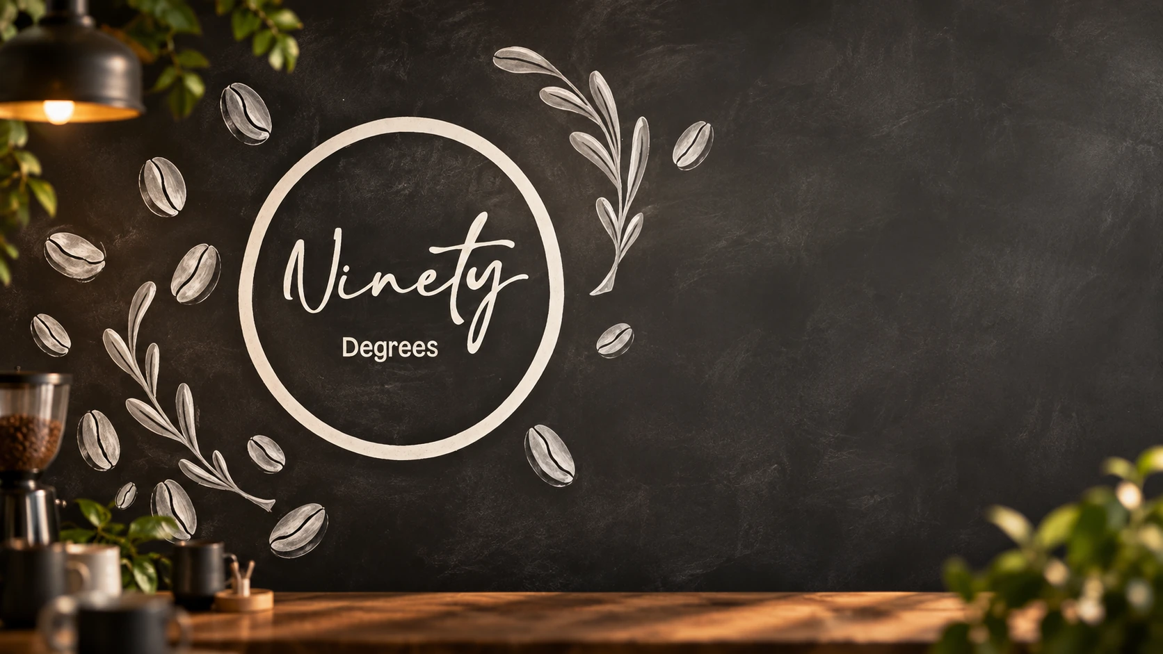 Warm café scene with a Ninety Degrees chalkboard, hanging lamp, plants and wooden counter