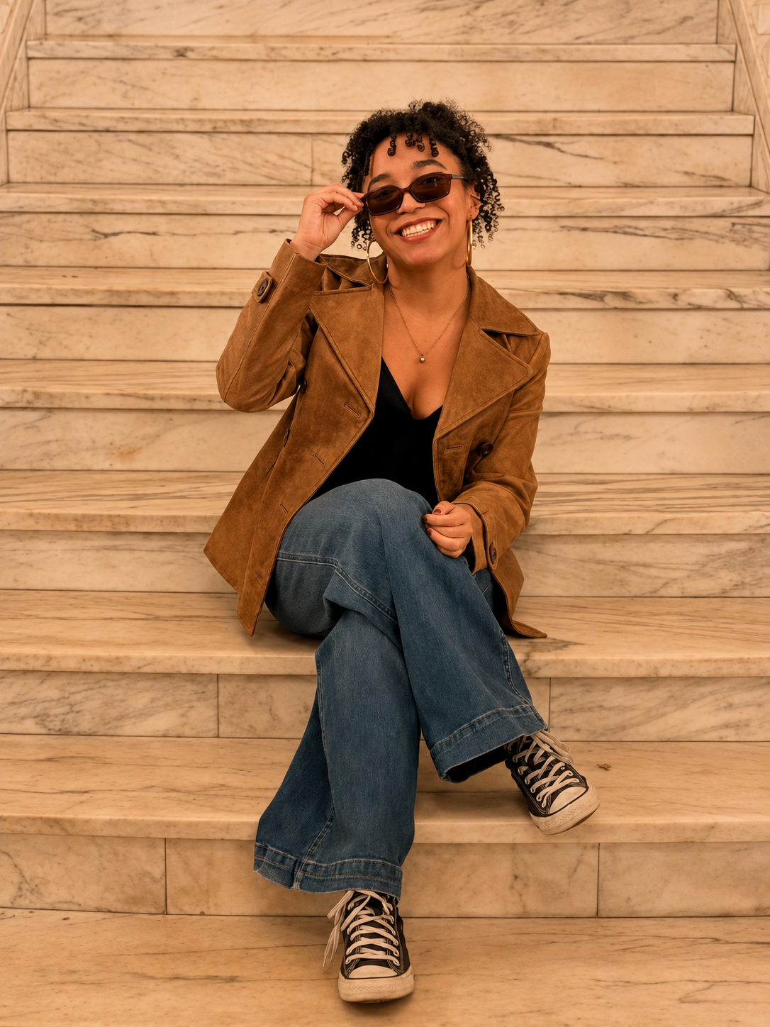 Wilhelmina DeHart seated on marble steps, smiling and lowering her sunglasses.