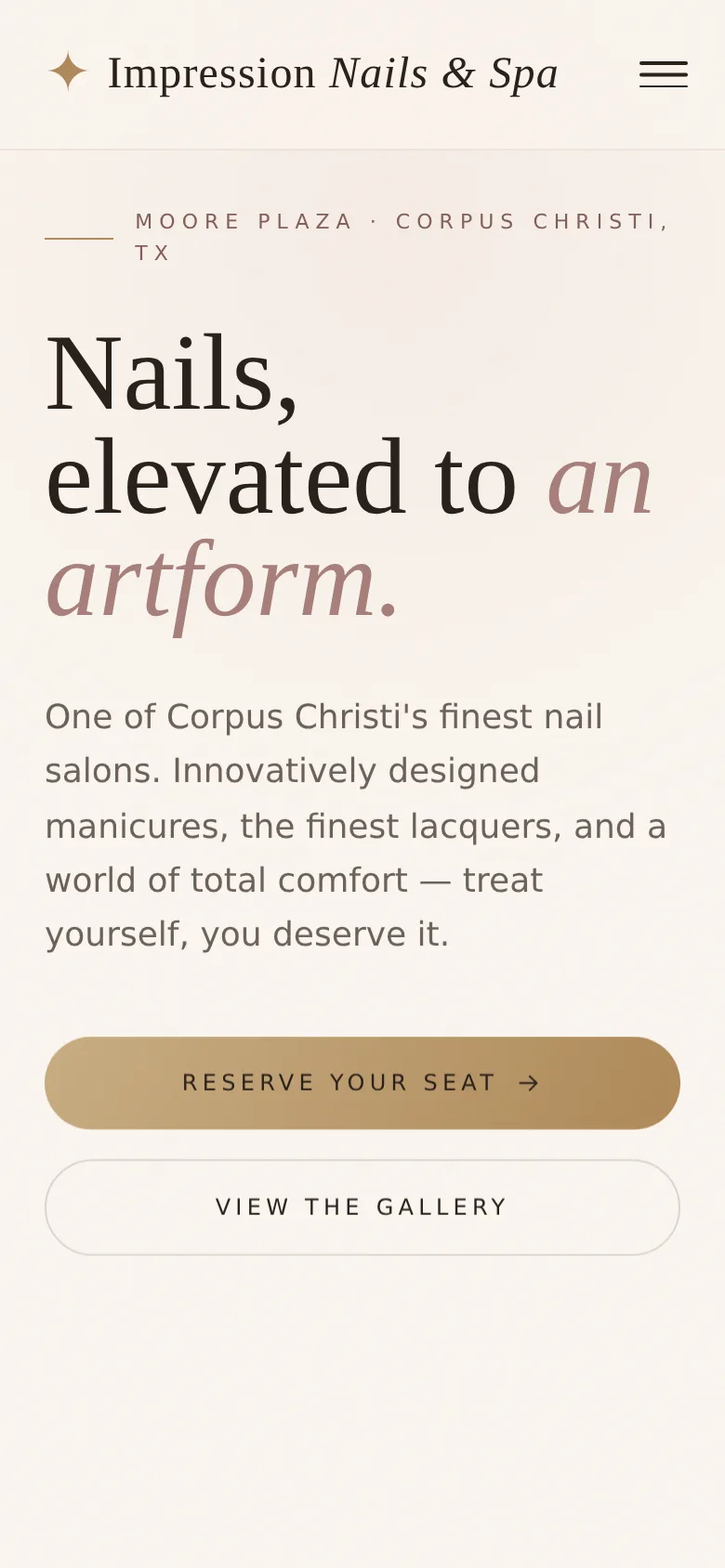 Impression Nails & Spa concept website, showing its mobile experience