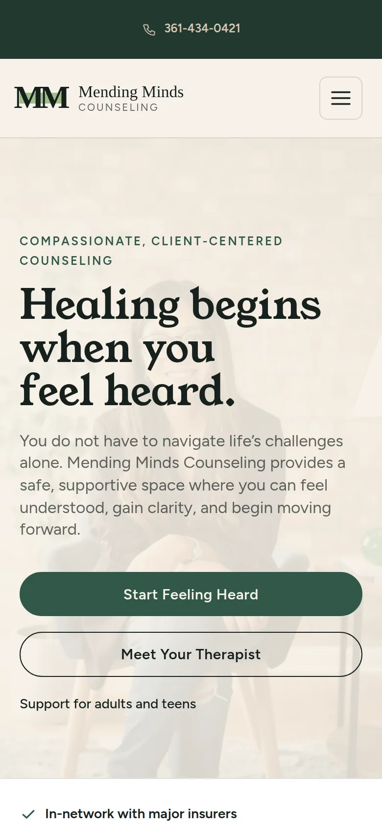Mending Minds Counseling concept website, showing its mobile experience